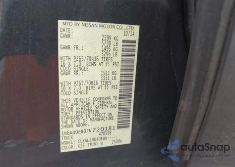 2015 Nissan Frontier Sv z USA, uszkodzony, nr VIN 1N6AD0ER0FN720181